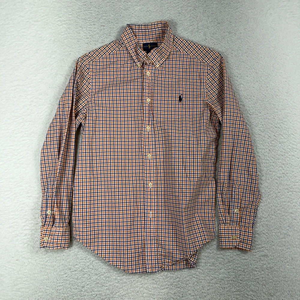 Ralph Lauren Orange Blue Plaid Long Sleeve Button Down Shirt Kids Size L 14-16
